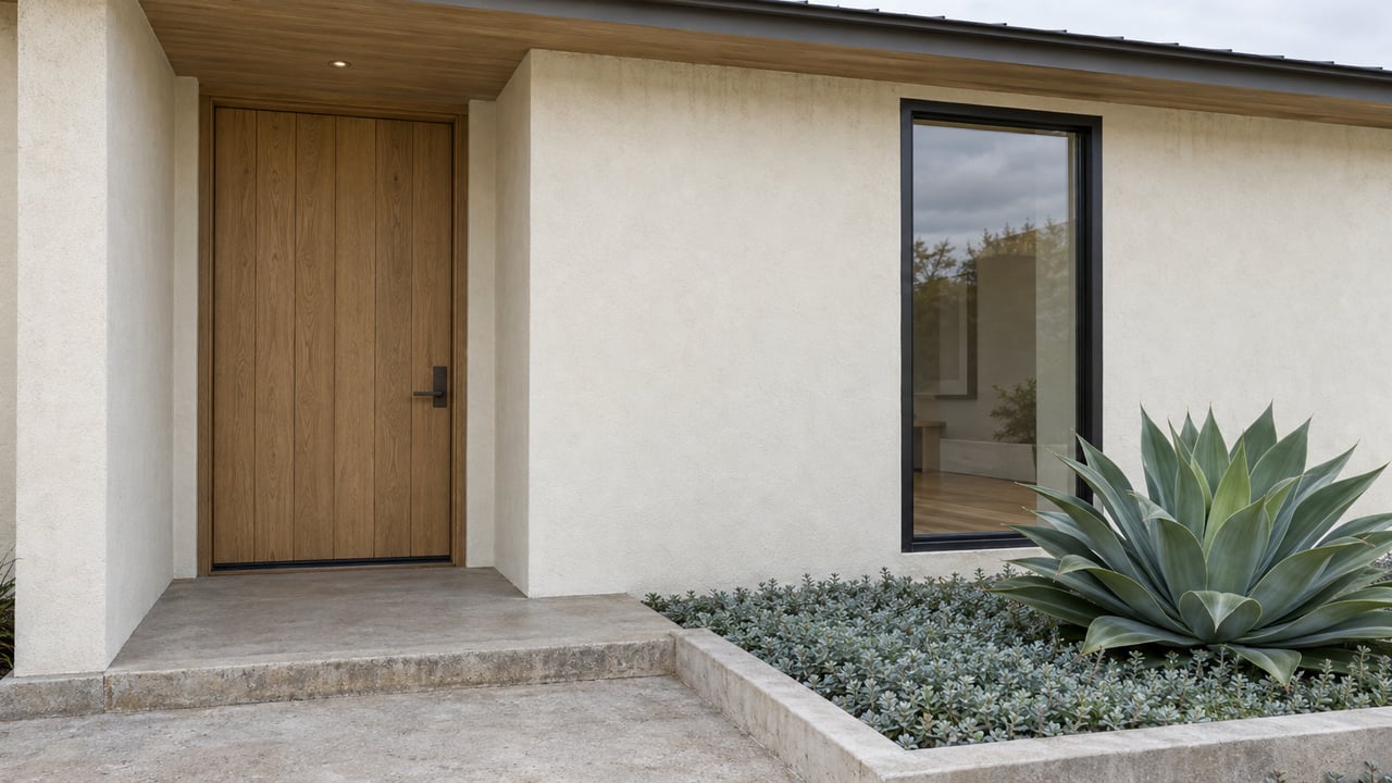 Cream stucco house entry with a weathered oak door, tall black-framed window, and agave in a concrete planter.