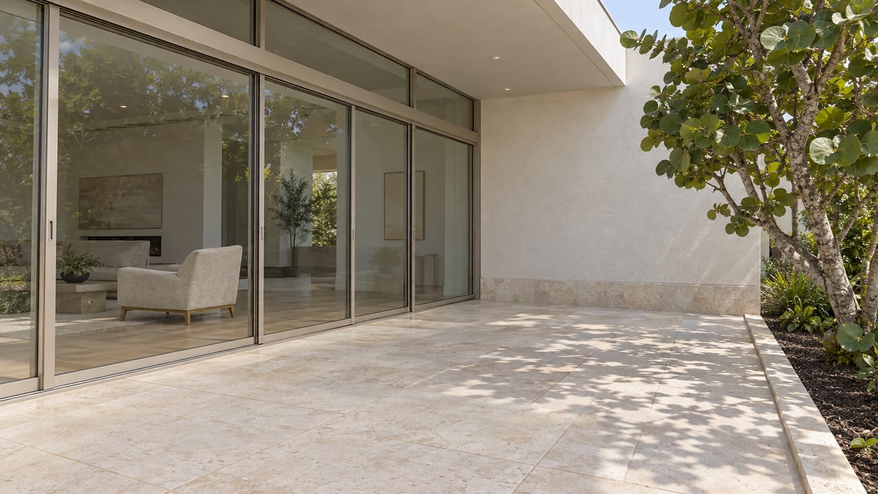 Sunlit limestone terrace beside closed glass doors and pale stucco, with a sculptural sea-grape tree at the garden edge.