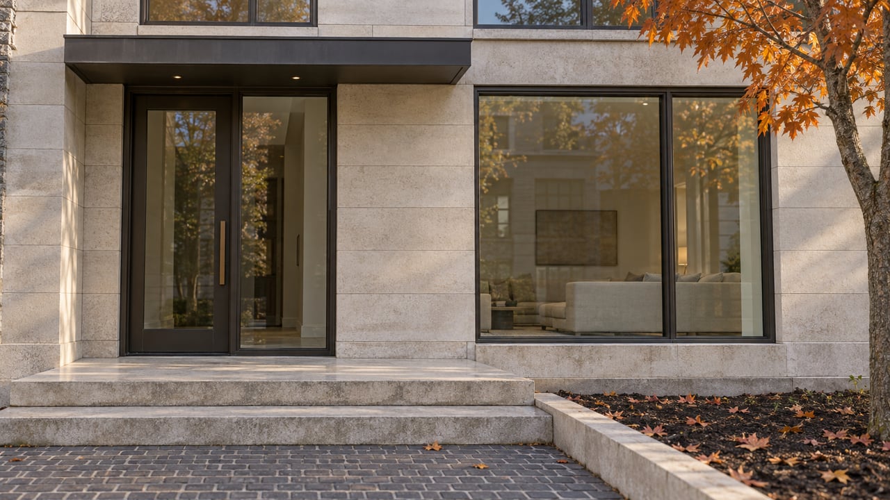 Contemporary limestone townhouse entrance with bronze-framed glazing, broad stone steps and orange maple leaves.