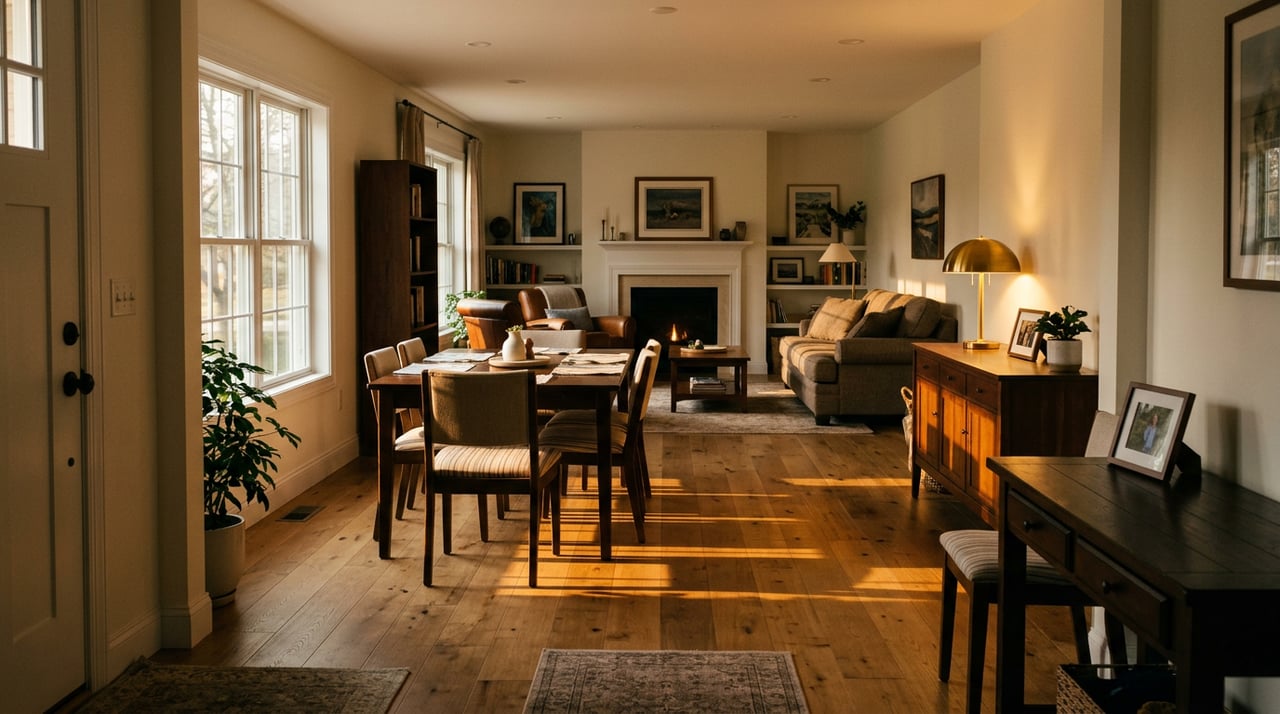 Dining table and chairs in a living room, with low sunlight through a tall window and a glowing lamp on a sideboard.