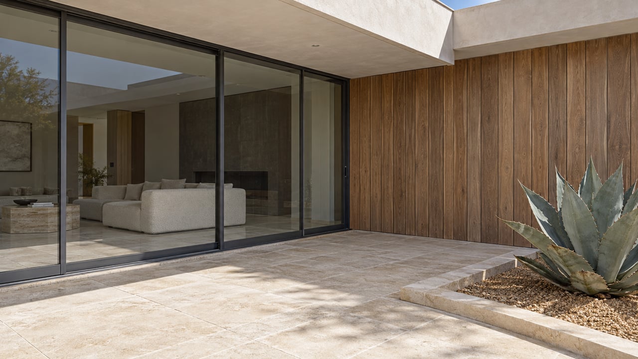 Pale limestone terrace beside closed charcoal-framed glazing, warm timber cladding and one blue-gray agave in a curbed mineral planting bed.