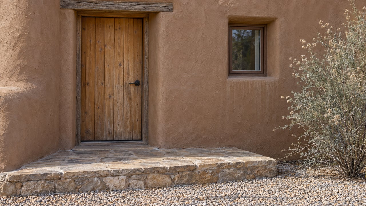 Clay-brown stucco home entrance with a weathered wooden door, small recessed window and raised stone landing beside a flowering shrub's feathery seed heads.