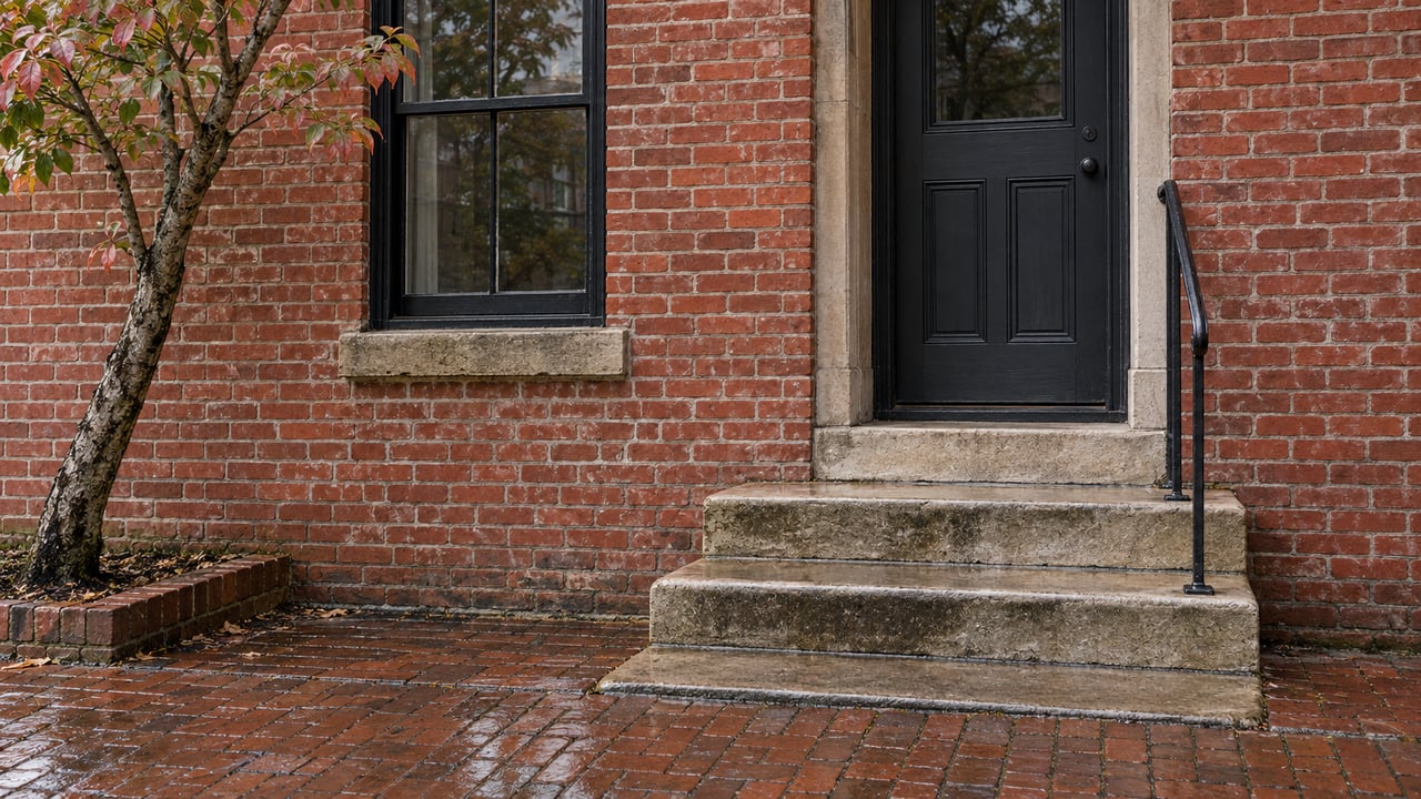 Red brick townhouse entry with a black door, worn limestone steps, and damp brick sidewalk.