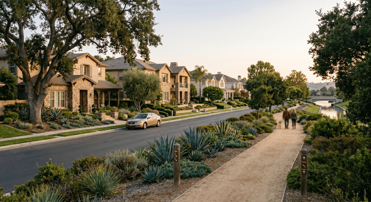 Suburban homes line a landscaped street beside a canal and walking path.
