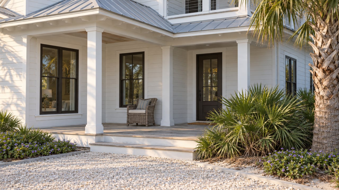 White coastal house with a shaded porch, woven chair, gravel steps, and a palmetto beside the entry.