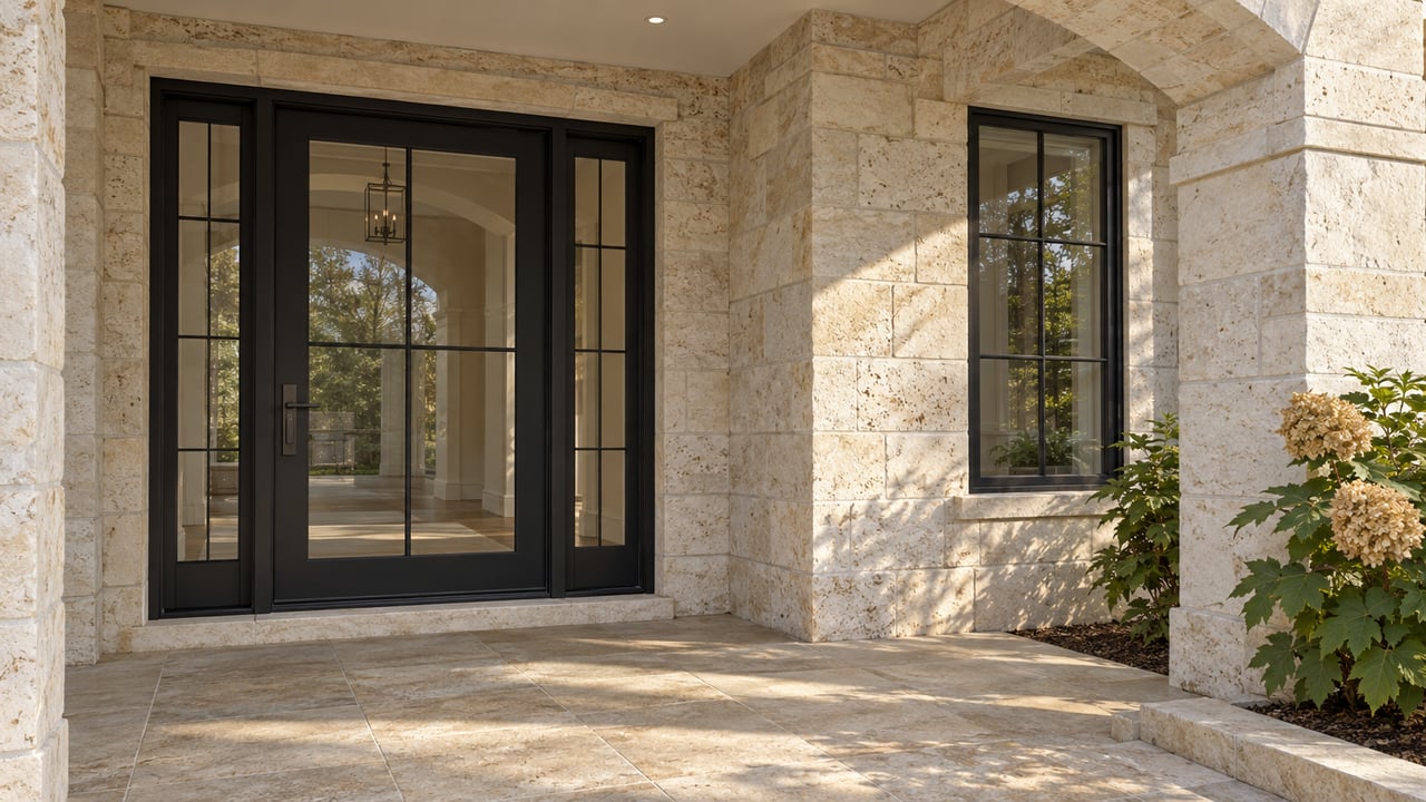 Limestone covered entry with a black glazed door, matching sidelights, tall divided-light window and oakleaf hydrangea beside stone paving.