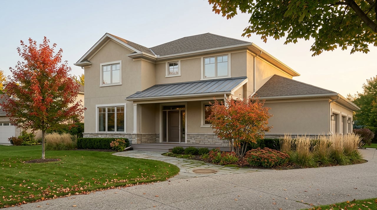 Two-story stucco-and-stone home with a covered entry, red autumn tree, deep lawn, and curved flagstone walk.