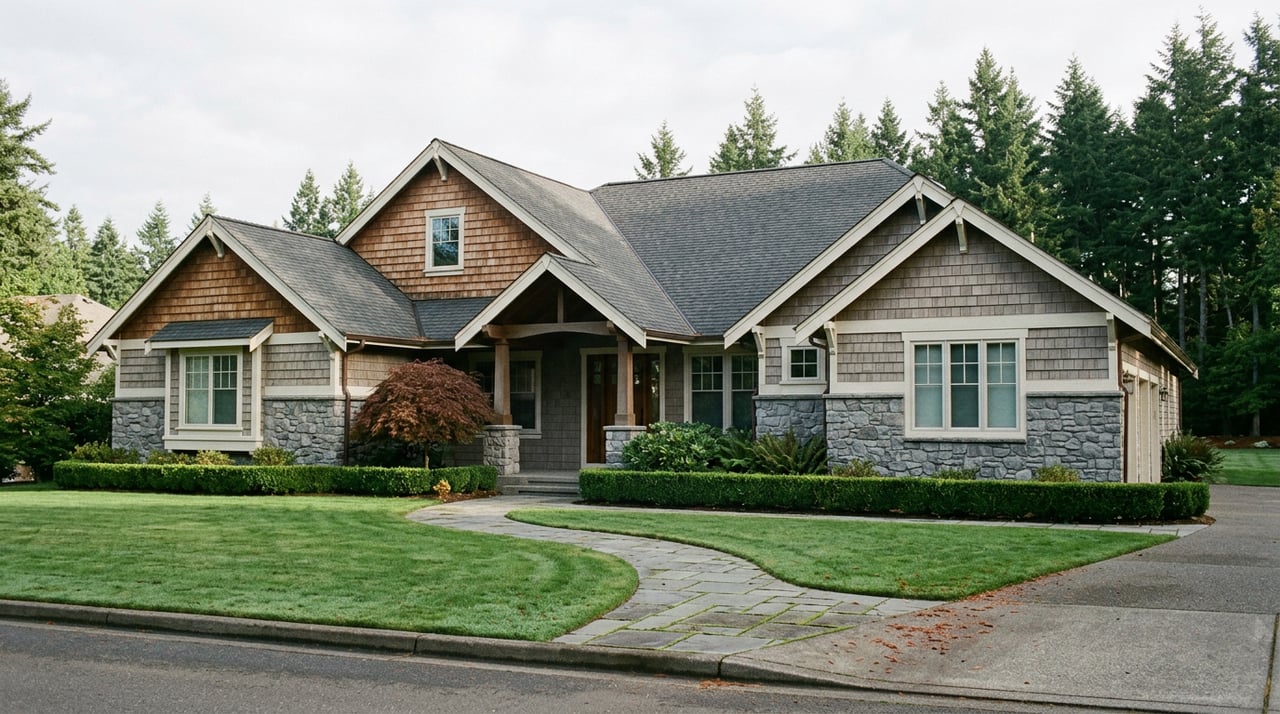 Craftsman-style home with gray fieldstone, weathered cedar shakes, a curving bluestone path, and Japanese maple.