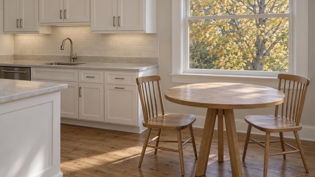 Sunlit white shaker kitchen with pale stone counters, an oak breakfast table and two chairs beside a closed window overlooking autumn maple leaves.
