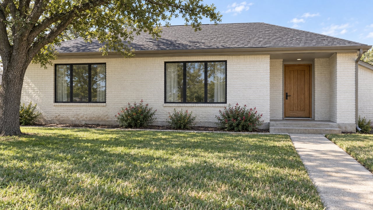 Updated single-story painted brick home with black-framed windows, an oak front door, a broad lawn, and a mature post oak.