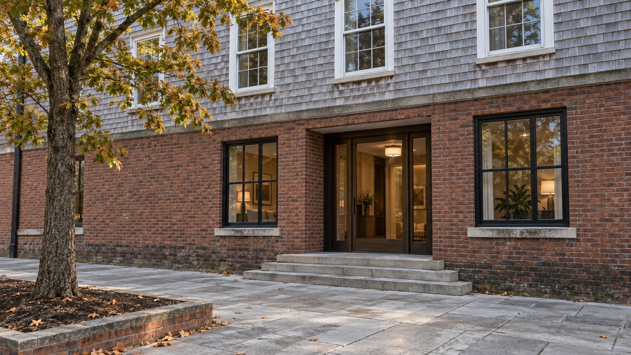 Waterfront apartment facade with red-brown brick, silver cedar shingles, and an ochre-leaved tree beside the stone promenade.