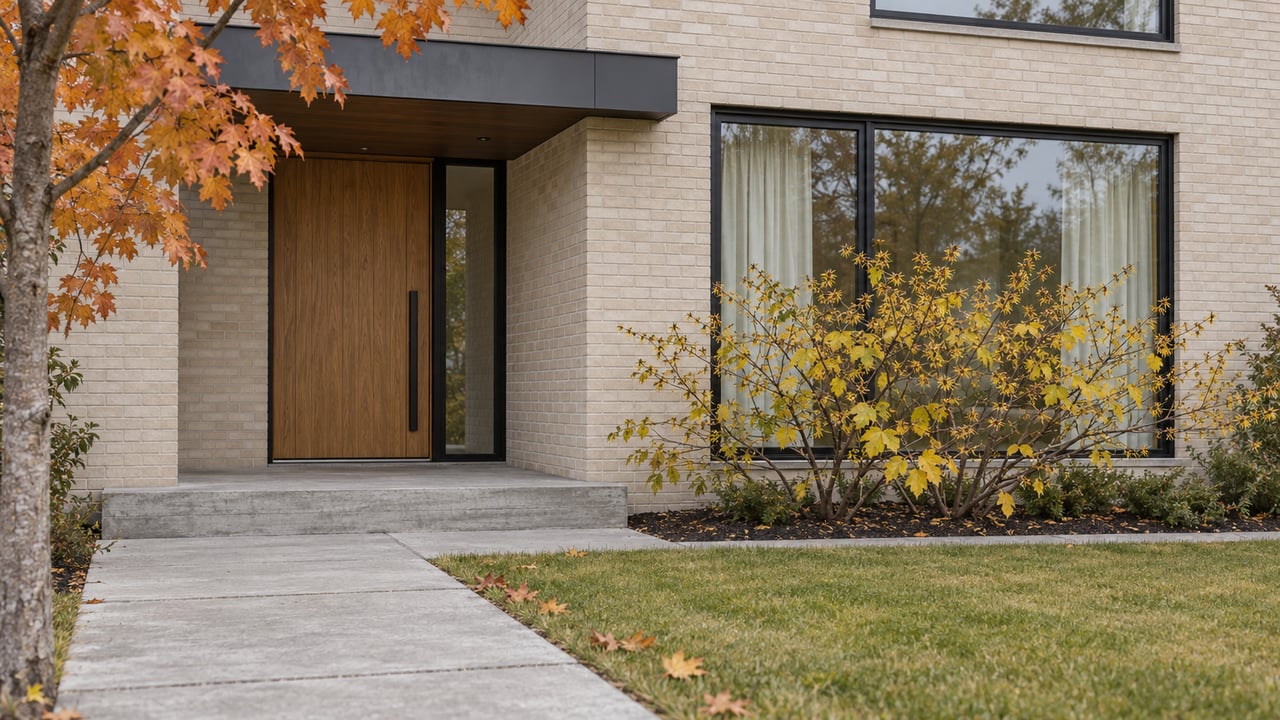 Pale brick contemporary home with a sheltered oak front door, black-framed windows and autumn foliage beside a concrete approach.