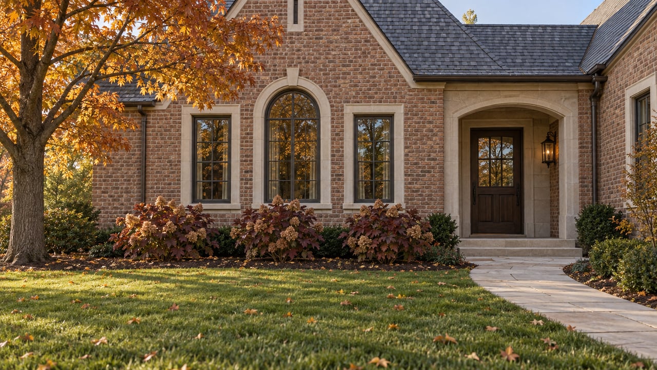 Brick-and-limestone home with a steep slate gable, recessed oak entry, and deep lawn beneath an amber sugar maple.