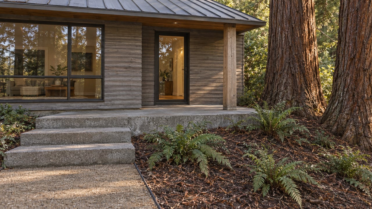 Weathered cedar cottage with a raised concrete entry porch beside mature redwood trunks and sword ferns.