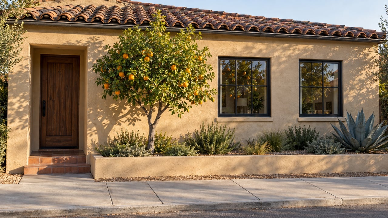 Sand-stucco home with a timber door, black-framed windows, an orange tree, and an agave beside the sidewalk.