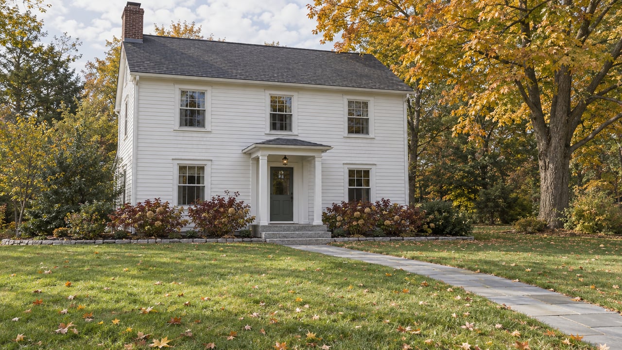 White clapboard house with a charcoal gable roof, bluestone approach, deep front lawn, and an autumn sugar maple.