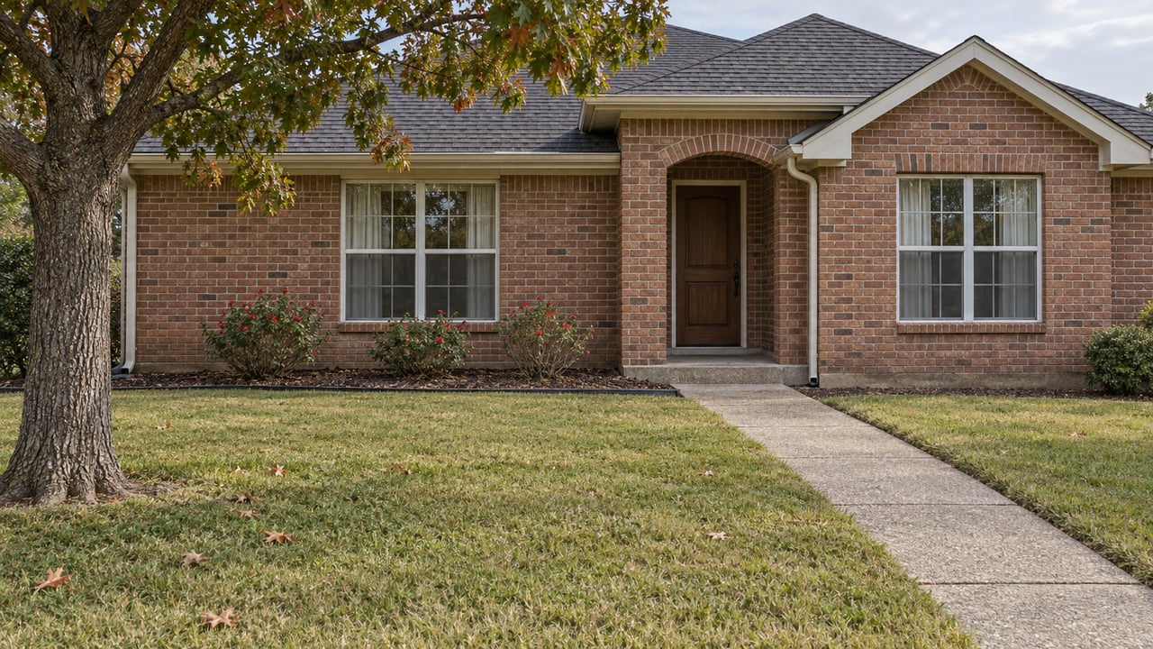 One-story red-brown brick home with a recessed porch, a deep autumn lawn, and a spreading oak beside the front walk.