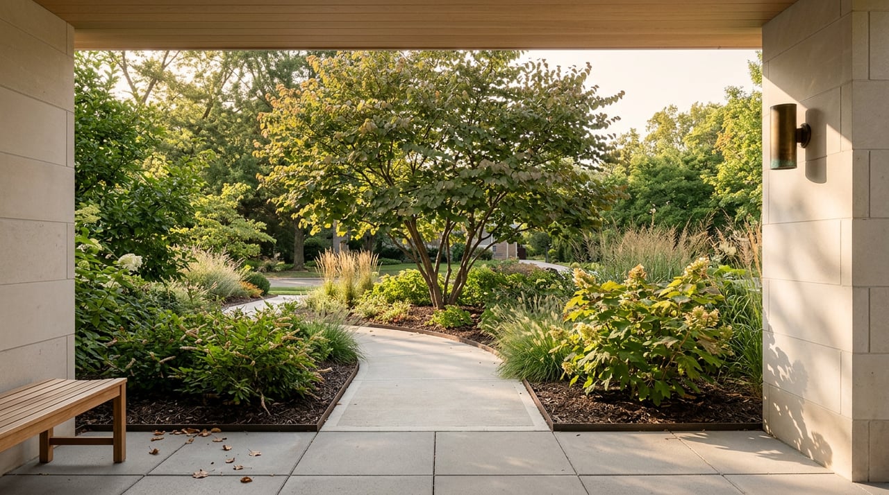 A white oak porch overlooks a concrete walk through layered beds beneath a redbud tree.