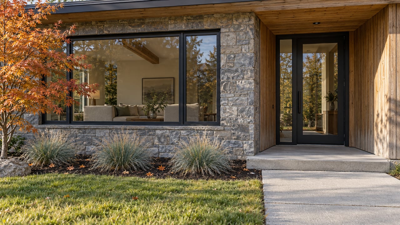 Autumn light across a stone-clad home with timber entry, black-framed glazing and a rust-colored vine maple.