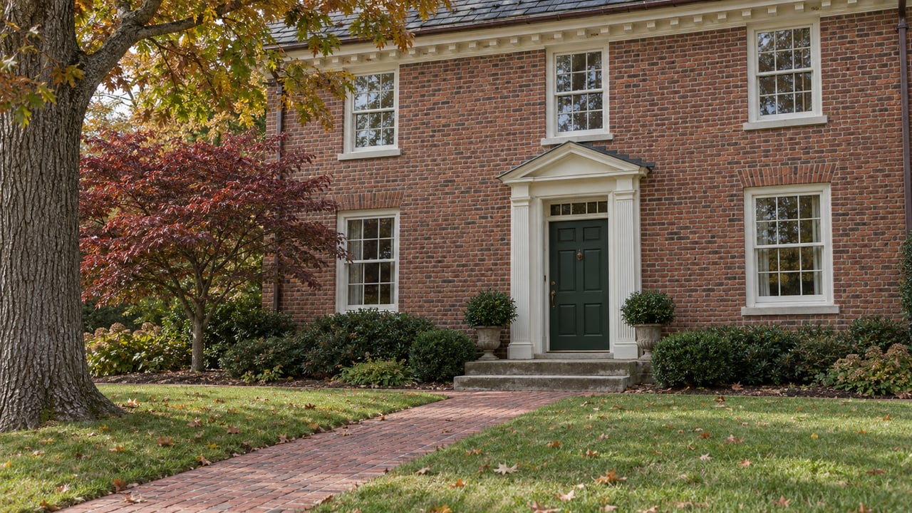 A brick house with a deep green front door, sash windows and a brick walkway across an autumn lawn beneath an oak.