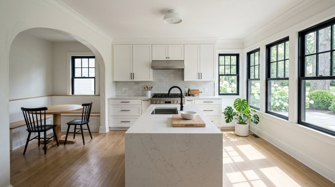 Renovated kitchen with a plaster archway, white cabinetry, quartz island, and light oak floors.