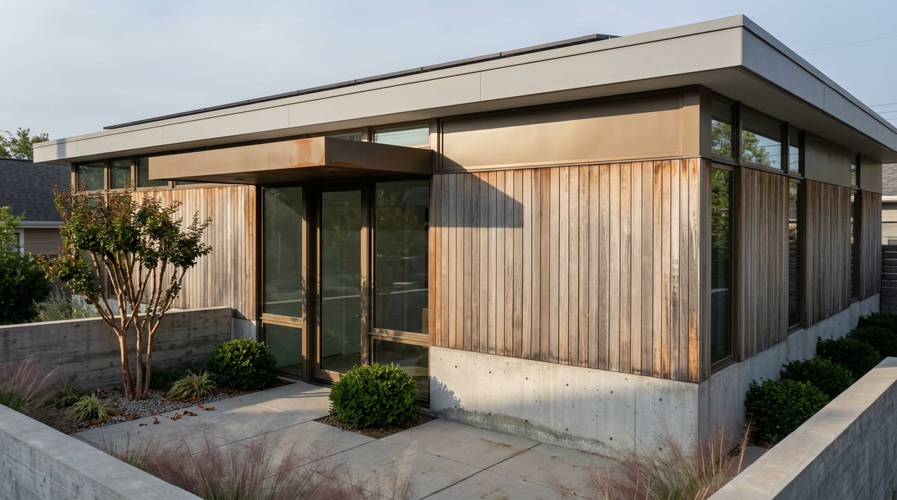 Modern single-story home with cedar siding, broad glass windows, concrete entry courtyard, and a small landscaped tree.