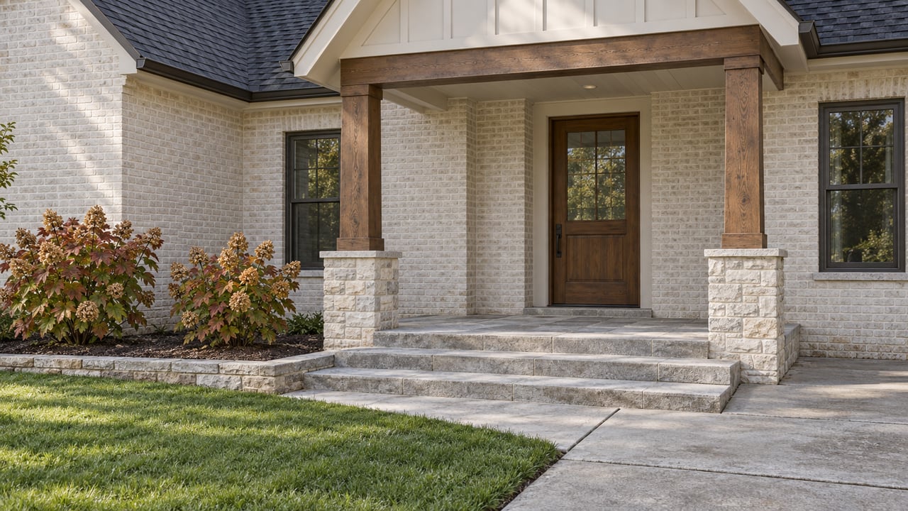 Painted-brick home with an oak front door, covered limestone porch and autumn oakleaf hydrangeas beside a broad concrete approach.