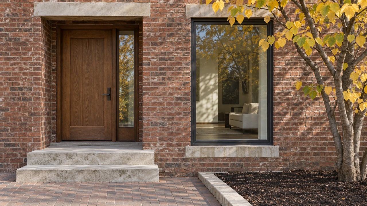 Red brick home with an oak entrance, tall charcoal-framed window, weathered limestone steps and a yellow-leaved redbud.