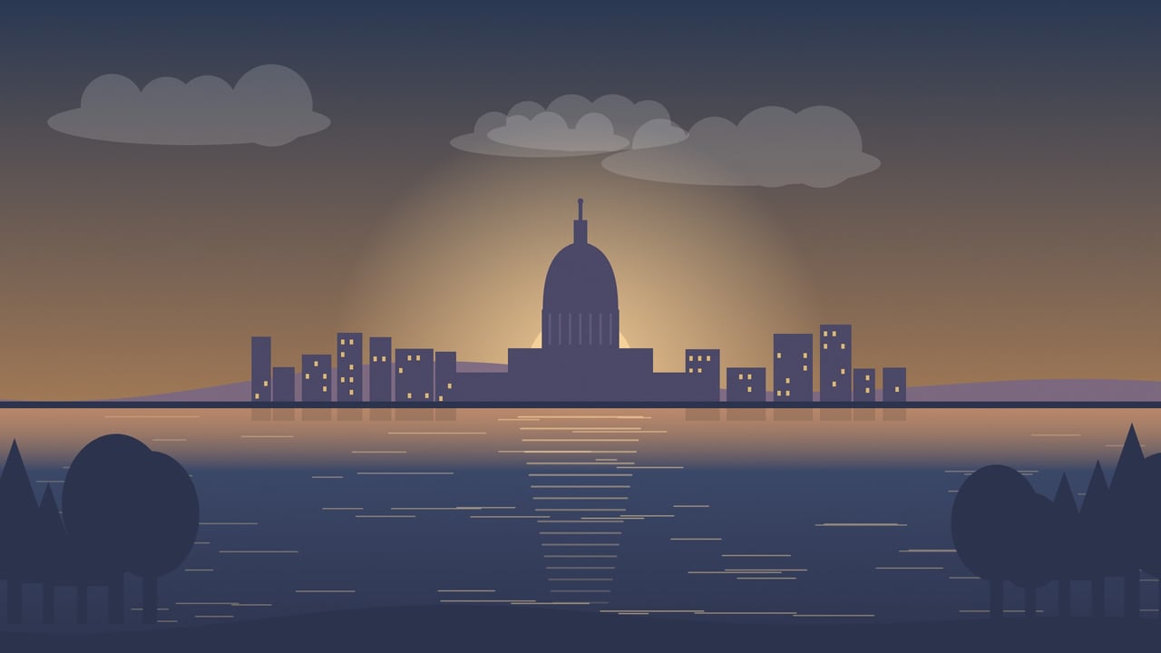 Illustration of the Madison skyline and Wisconsin State Capitol at sunset across the lake