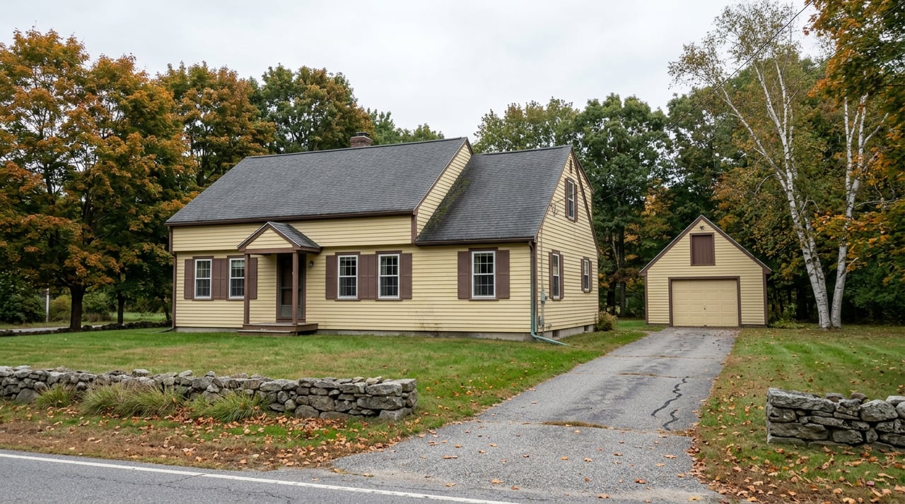 Weathered yellow farmhouse and matching garage behind a stone wall, with a broad leaf-strewn lawn and autumn trees.