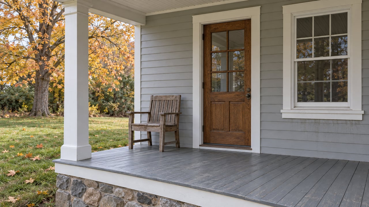 A pale-gray clapboard home's sheltered porch with an oak glazed door, weathered teak chair and amber maple beyond the open side.