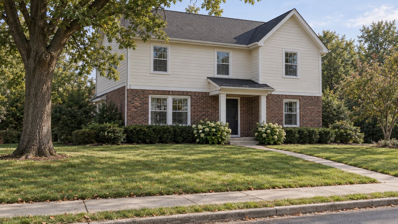 Two-story house with charcoal gables, brick lower walls, and a diagonal walkway across its lawn.