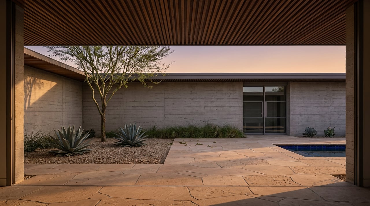 Flagstone breezeway opens onto a desert courtyard with a blue-tiled pool, agaves, and a sculptural tree.