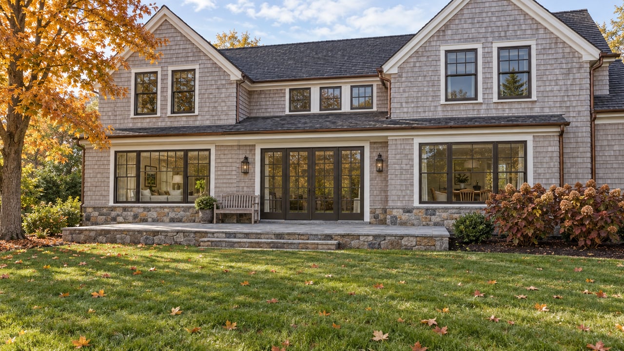 Shingled two-story home with dark-framed windows, a raised bluestone terrace and a broad autumn lawn beneath an amber sugar maple.