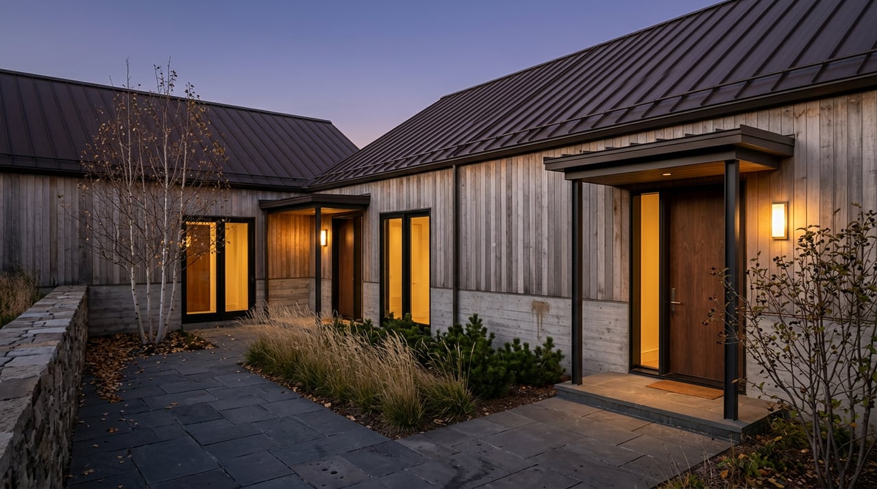 Paired cedar townhomes glow with warm entry lights over a stone courtyard at blue-violet dusk.