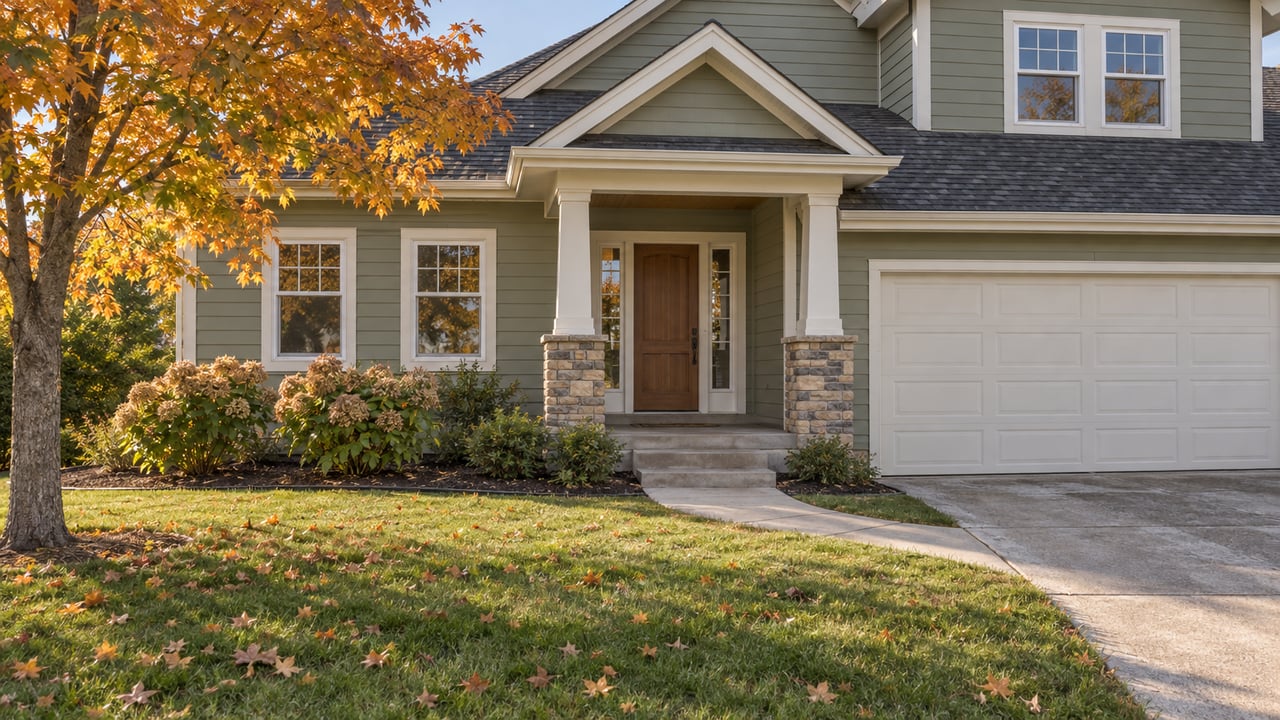 Sage lap-sided home with a stone-base covered porch, curved front walk and golden maple beside a broad autumn lawn.