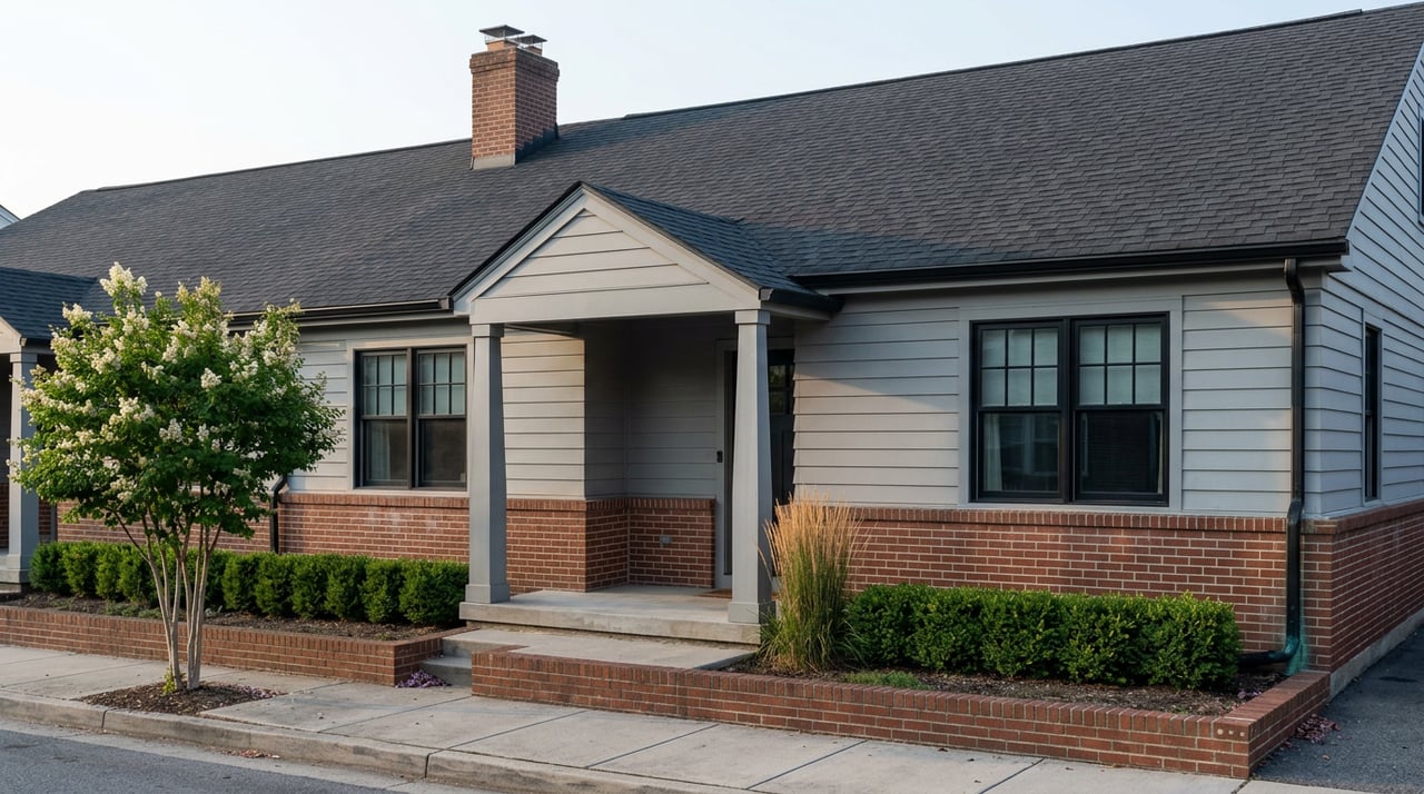 Gray-sided rowhome with brick base, gabled porch, black windows, and clipped foundation hedges.