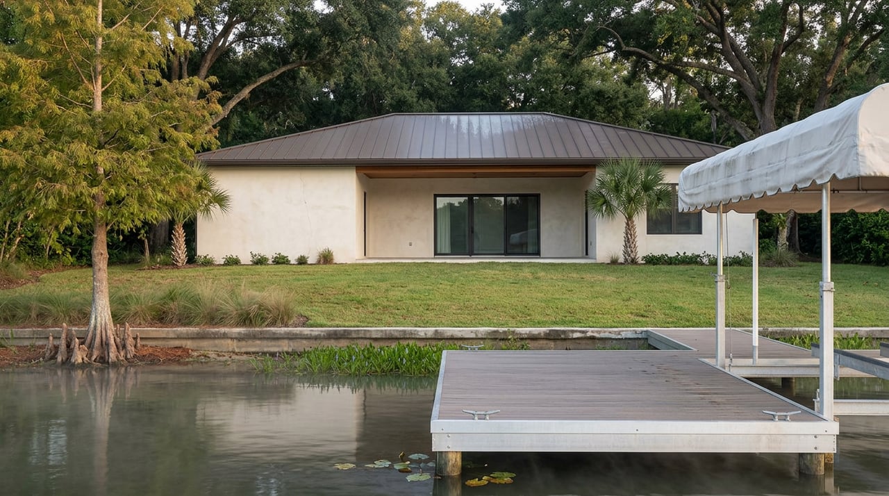Single-story lakefront home beyond a broad lawn, seen across calm water from a dock beside an empty boat lift.