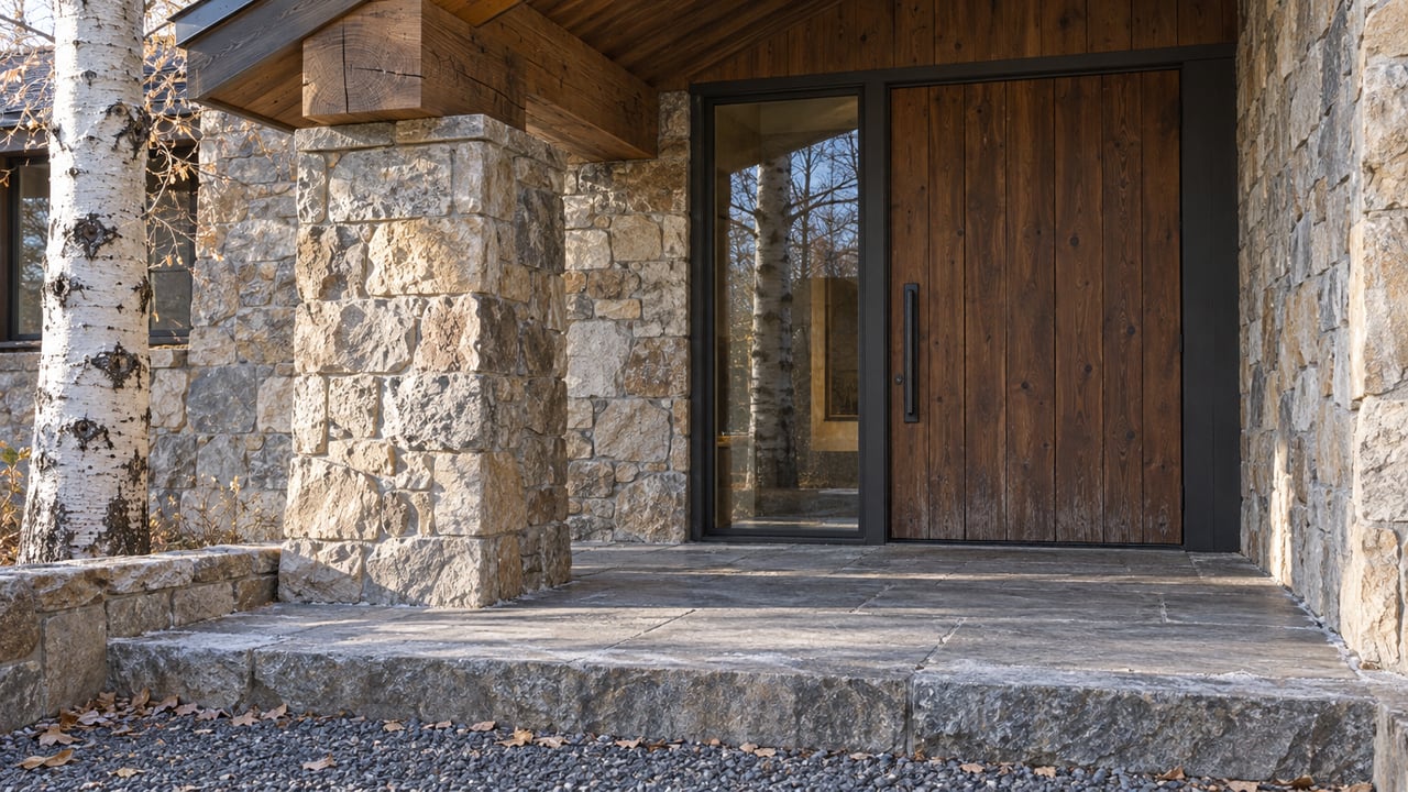 Low autumn sunlight crosses a quartzite landing beneath a timber canopy beside a closed wood entrance door and tall glazed sidelight.