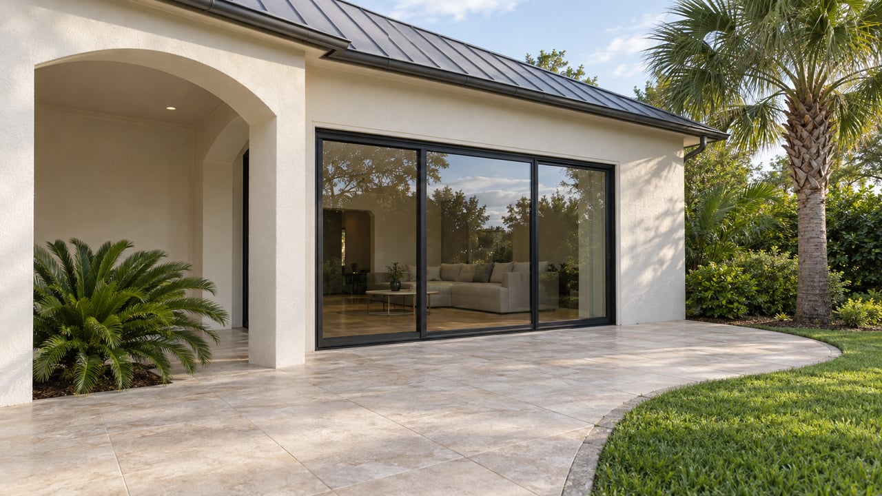 Light stucco home with an arched covered patio, black-framed glass doors, pale terrace paving, and a specimen palm beside the lawn.