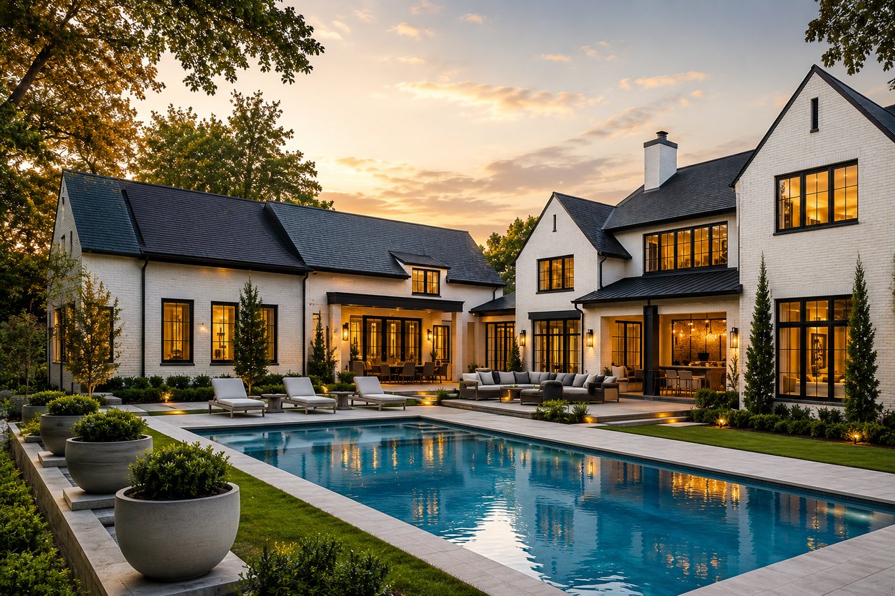 Luxury estate in Nashville featuring modern architecture, a resort-style backyard with a swimming pool, and elegant outdoor living spaces, representing the type of high-end homes luxury buyers are investing in across Nashville, Tennessee.