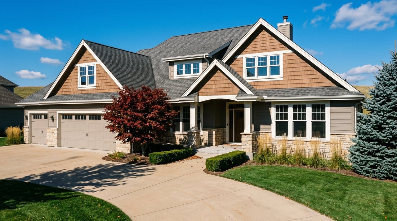 Two-story home with gabled roof, stone porch columns, curved driveway, red-leaf maple, and blue spruce.