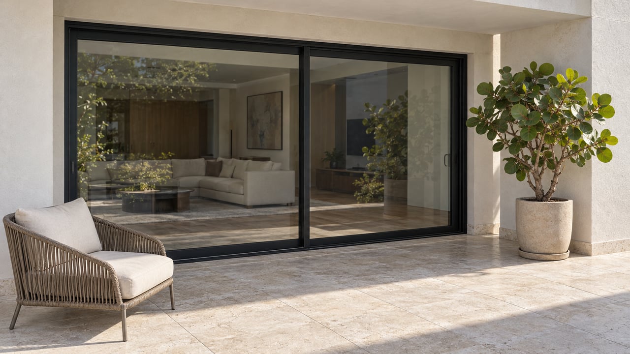 Sunlit limestone condominium terrace with ivory stucco, closed black-framed glass doors, a woven lounge chair and a potted sea grape specimen.