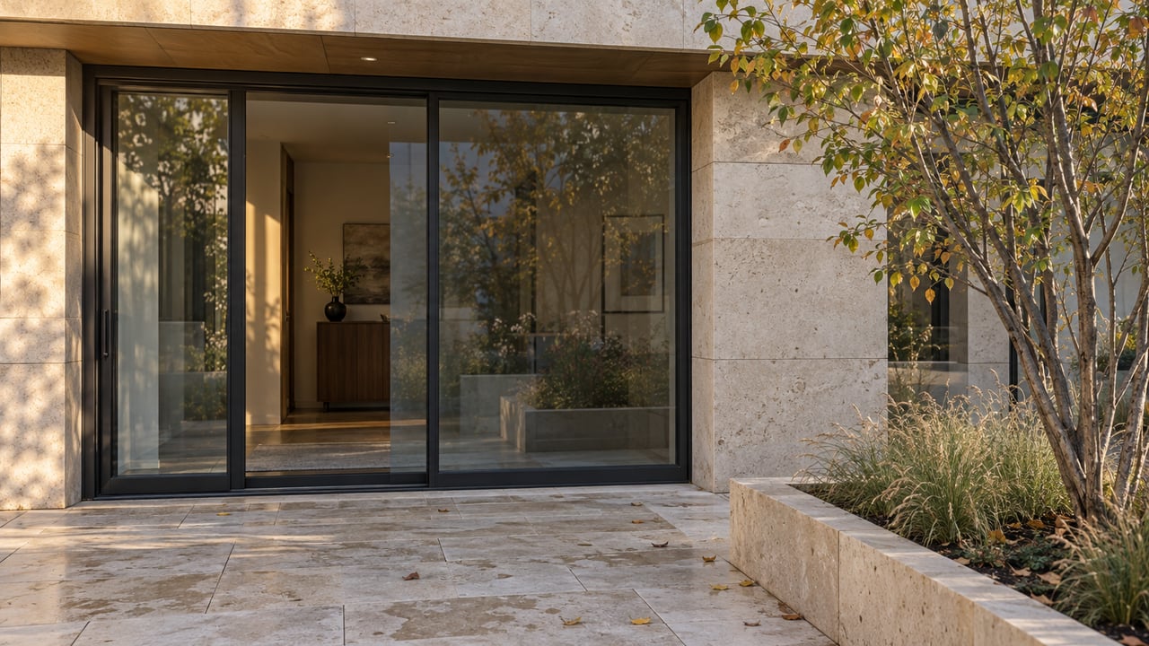 Closed steel-framed glass doors beside a limestone pier, with a small tree and grasses in a raised courtyard bed.