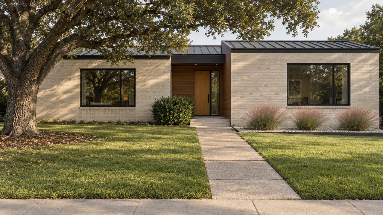 Contemporary cream-brick home with a cedar entry, straight concrete walk, broad lawn, and spreading oak.