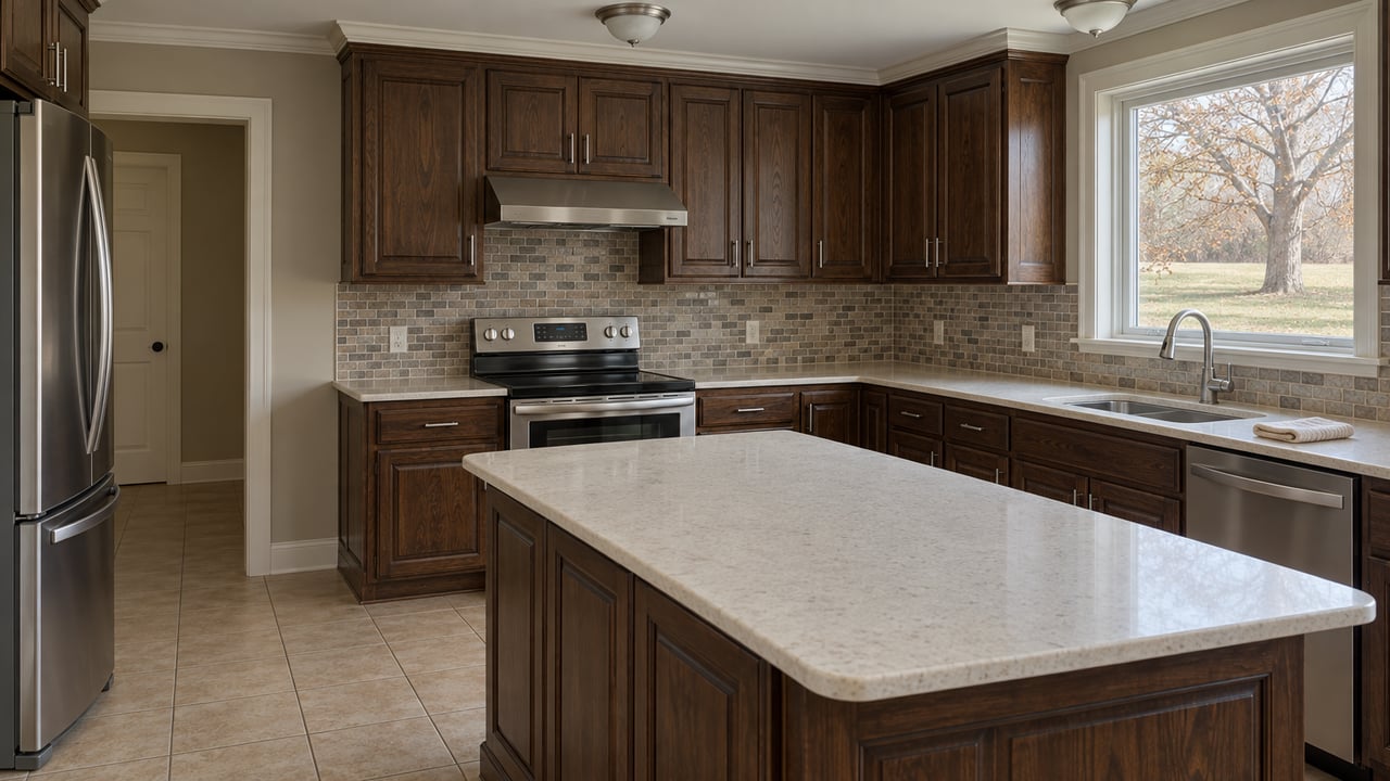 Daylit ranch-home kitchen with dark raised-panel cabinets, a pale quartz island and beige tile flooring.