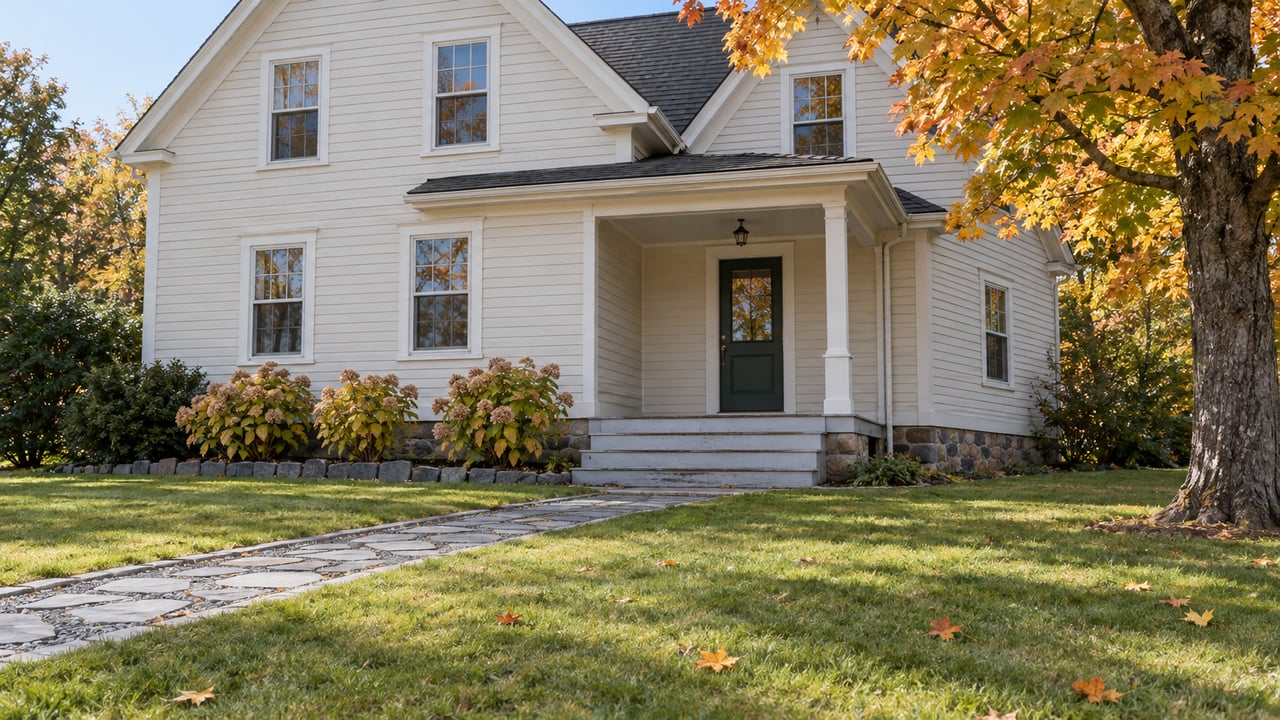 Ivory clapboard home with a covered entry, slate walkway and broad autumn lawn beneath a gold-leaved sugar maple.