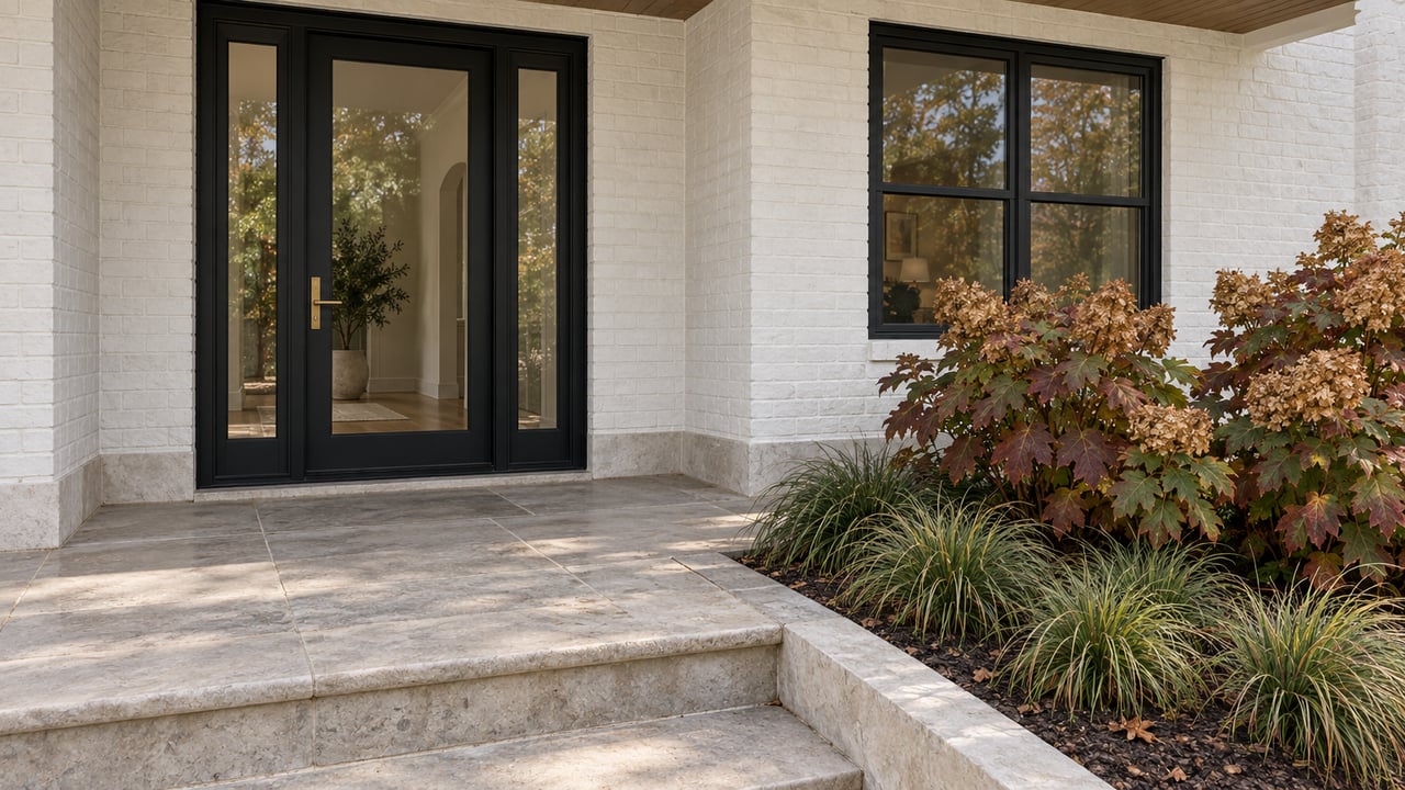 White-painted brick entry with a black glazed door, limestone steps and oakleaf hydrangeas with autumn foliage.
