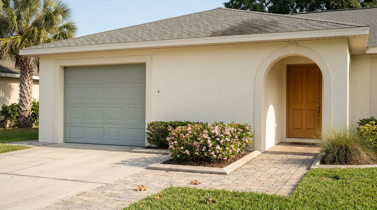 Cream stucco home with a sage-gray garage door, arched entry, paver walkway, and bordered flowering shrubs.