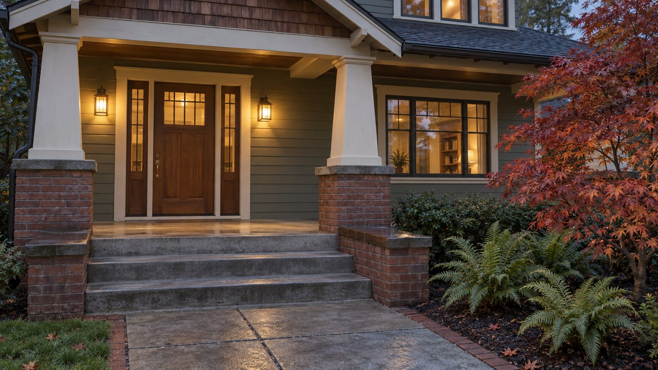 Covered home entry at dusk with olive wood siding, brick porch piers, warm sconces and copper-red maple foliage.